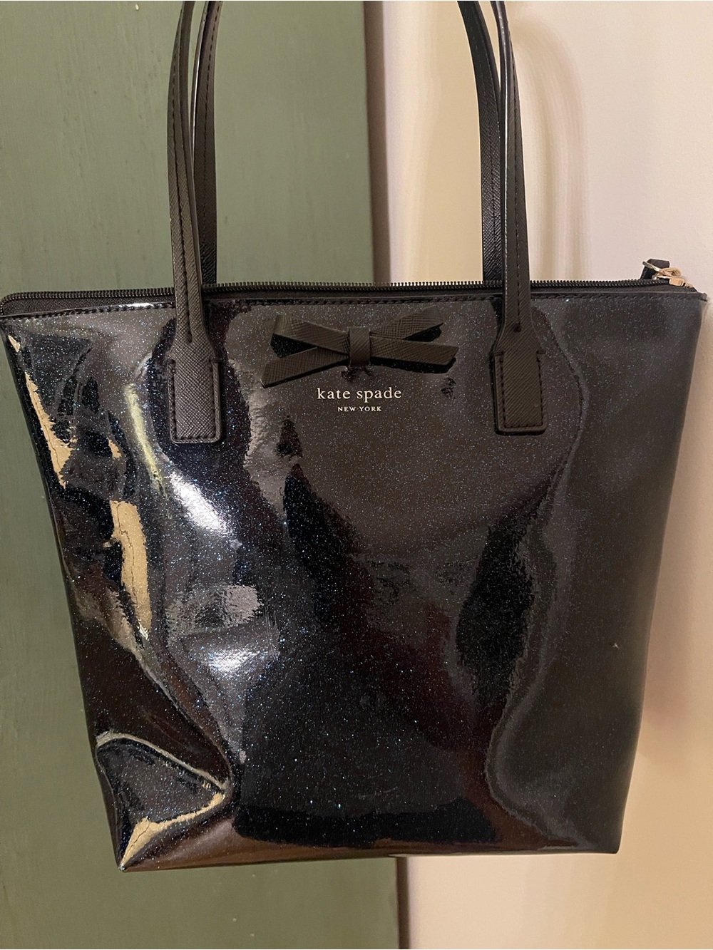 kate spade black glitter patent tote with bow